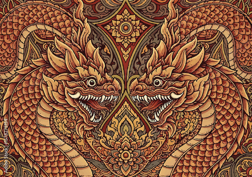 Local vintage deails art naga or big snakes pattern fashion. fabric silk , backgrounds, beauty, fashion, square, graphic, element, elegant, decor, backgrounds, Thai, god, Indonesia, art, art deco .