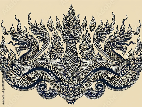 Local vintage deails art naga or big snakes pattern fashion. fabric silk , backgrounds, beauty, fashion, square, graphic, element, elegant, decor, backgrounds, Thai, god, Indonesia, art, art deco .