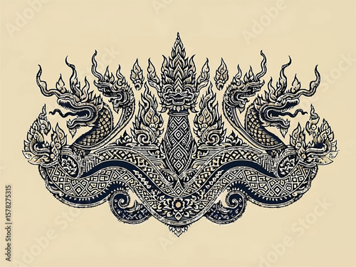 Local vintage deails art naga or big snakes pattern fashion. fabric silk , backgrounds, beauty, fashion, square, graphic, element, elegant, decor, backgrounds, Thai, god, Indonesia, art, art deco .