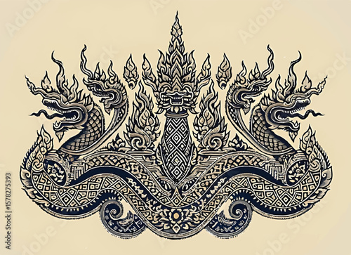 Local vintage deails art naga or big snakes pattern fashion. fabric silk , backgrounds, beauty, fashion, square, graphic, element, elegant, decor, backgrounds, Thai, god, Indonesia, art, art deco .