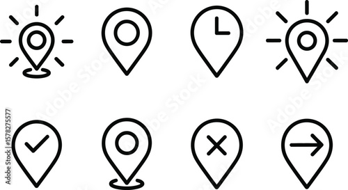 Set of Location Icons: Modern Map Pin Line Art Elements.

