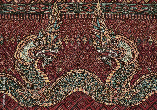 Local vintage deails art naga or big snakes pattern fashion. fabric silk , backgrounds, beauty, fashion, square, graphic, element, elegant, decor, backgrounds, Thai, god, Indonesia, art, art deco .