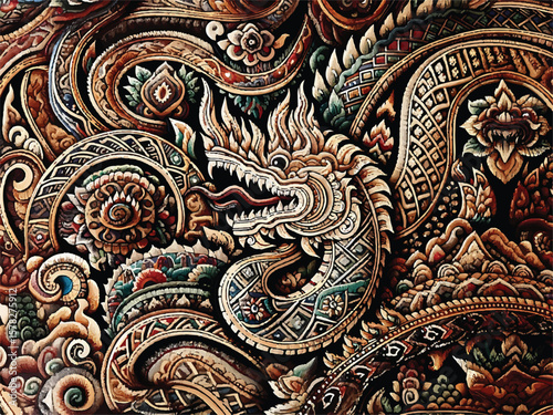 Local vintage deails art naga or big snakes pattern fashion. fabric silk , backgrounds, beauty, fashion, square, graphic, element, elegant, decor, backgrounds, Thai, god, Indonesia, art, art deco .
