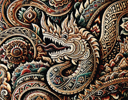 Local vintage deails art naga or big snakes pattern fashion. fabric silk , backgrounds, beauty, fashion, square, graphic, element, elegant, decor, backgrounds, Thai, god, Indonesia, art, art deco .