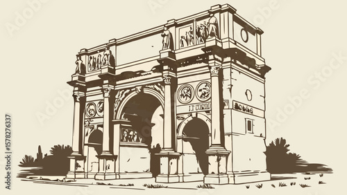 Illustration of a detailed triumphal arch with sculptures and architectural elements in brown tones