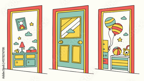 Three colorful doors each revealing a different room with toys and furniture inside the house space