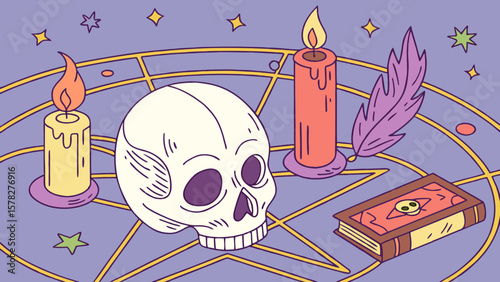 Aesthetic occult scene featuring a skull, candles, a feather, and a spellbook on a pentagram