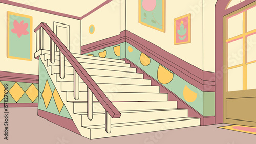 Illustration of a staircase with pastel colors and decorative wall patterns in a hallway setting