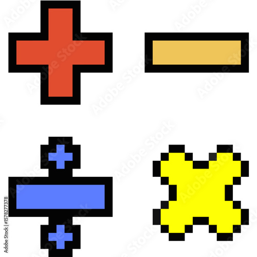 Pixel arithmetic symbols icon vector, showcasing basic math operations in an 8-bit style. Ideal for educational content, gaming interfaces, or retro computing themes.