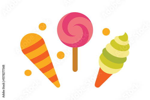 Spiral Candy Sticks And Triple Scoop Cones Scattered