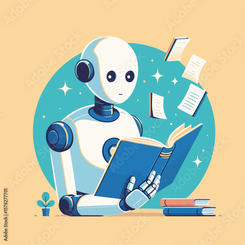 illustration of AI robot reading a book