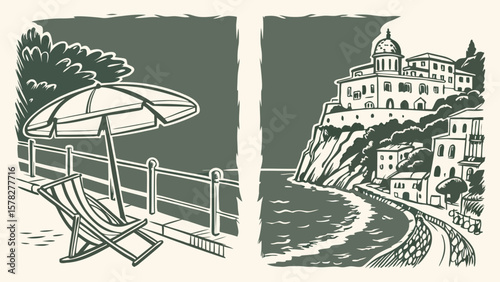 Illustration of a beach scene with a chair and umbrella and a coastal town on a cliff side view