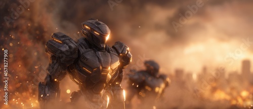 Futuristic robot soldiers stand guard in a city under siege during an apocalyptic war