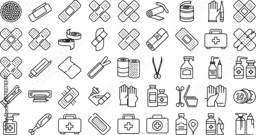 Collection of simple line art medical supplies and equipment.