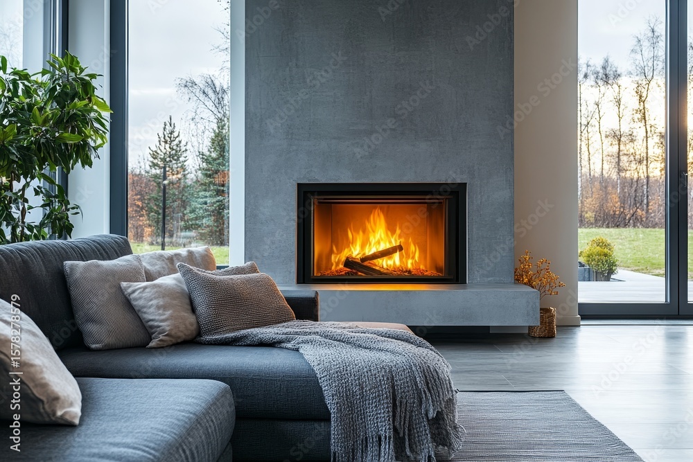custom made wallpaper toronto digitalFireplace and gray sofa in a modern living room, combining warmth and style in the interior design, Generative AI