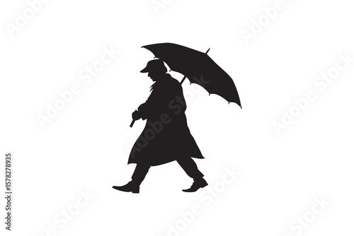 Silhouette of a Person Walking with an Umbrella in the Rain Wearing a Trench Coat and Hat Isolated on White Background for Design Elements