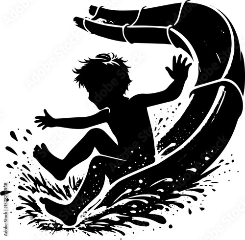 Child sliding down water slide and splashing in the pool  