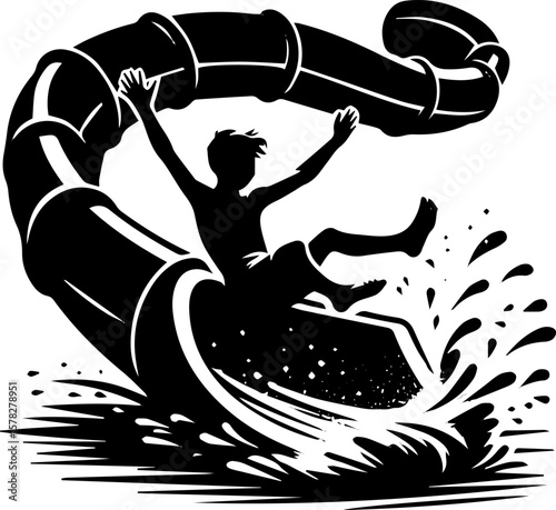 Child sliding down water slide creating splash in summer fun  