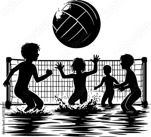 Four children playing water polo with a ball in the swimming pool  
