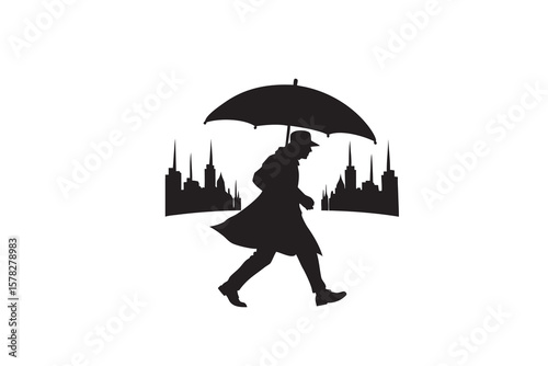 Silhouette of a man in a trench coat walking with an umbrella against a city skyline creating a noir or mystery inspired graphic design element