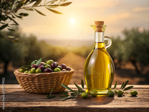 Bottle of golden olive oil and basket of fresh olives in an olive grove at sunset ai generated
