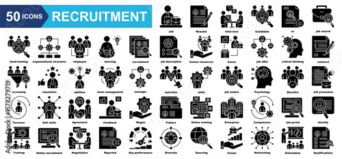 recruitment icon collection set.Job,Resume,Candidate,cv,job search,organizational structure,employee.Flat icon collection.