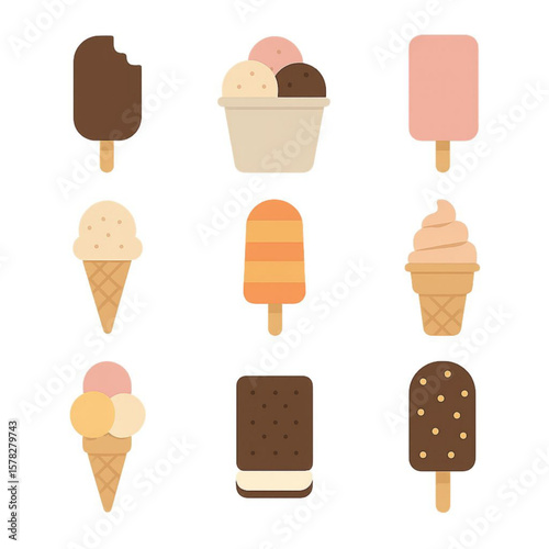 A cute and minimalistic vector illustration set of various ice creams, featuring cones, cups, popsicles, soft serve