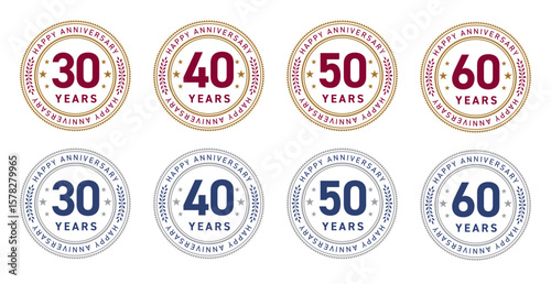 30周年・40周年・50周年・60周年のフラットなアニバーサリーメダルロゴセット（周年記念 ロゴマーク ベクター）

