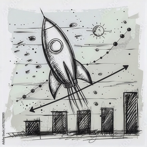 handdrawn startup growth graph with rocket trajectory ink sketch .