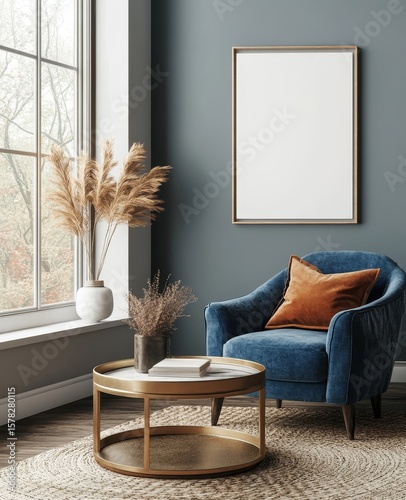 Interior of a living room with a coffee table and beige fabric armchair, with a mock-up poster on the wall for a customizable modern living space. 3D rendering, Generative AI