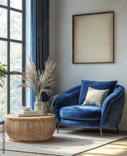 Interior of a living room with a coffee table and beige fabric armchair, with a mock-up poster on the wall for a customizable modern living space. 3D rendering, Generative AI