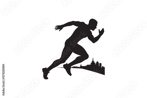 Silhouette of a male athlete sprinting with a city skyline in the background representing speed fitness competition and urban athleticism in a modern design aesthetic