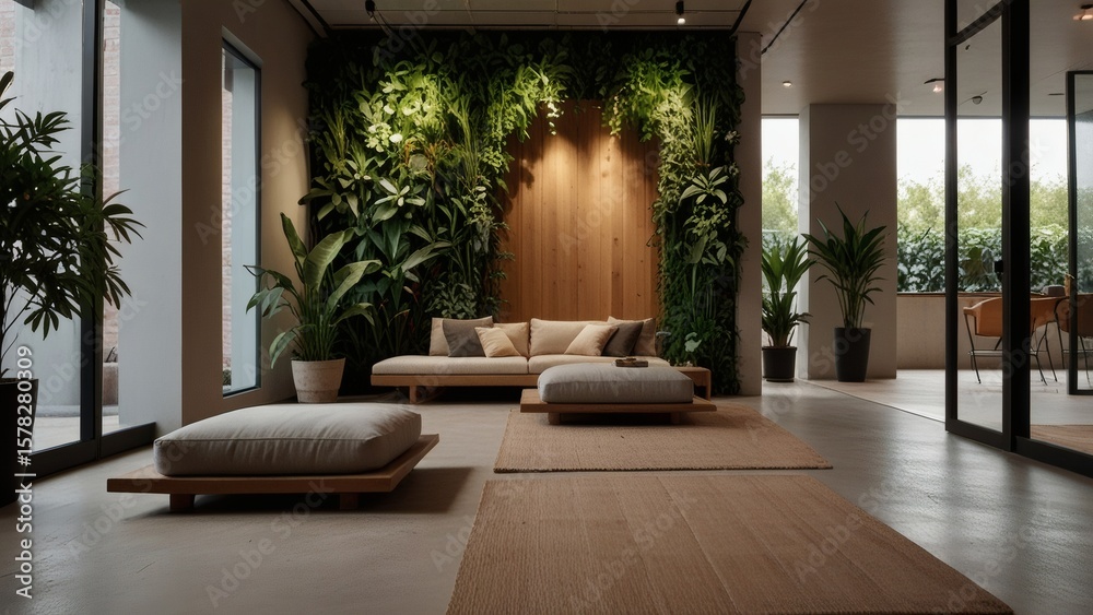 Fototapeta premium Open Zen-Inspired Lounge with Vertical Plant Wall, Floor Cushions, and Soft Neutral Tones
