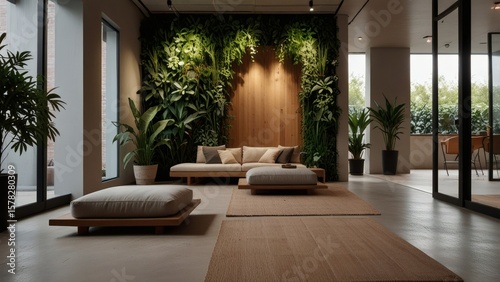 Open Zen-Inspired Lounge with Vertical Plant Wall, Floor Cushions, and Soft Neutral Tones