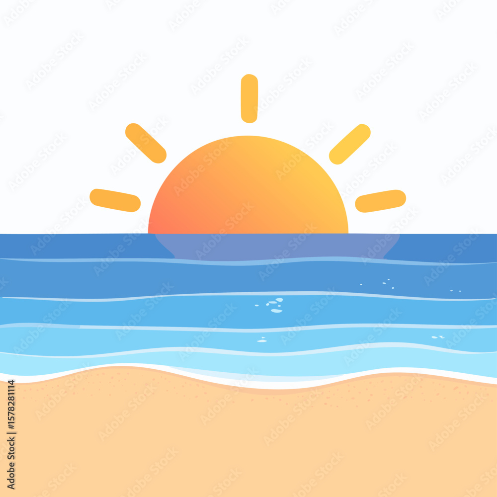 Naklejka premium Vibrant Cartoon Sunrise Over Ocean Waves and Sandy Beach Scene