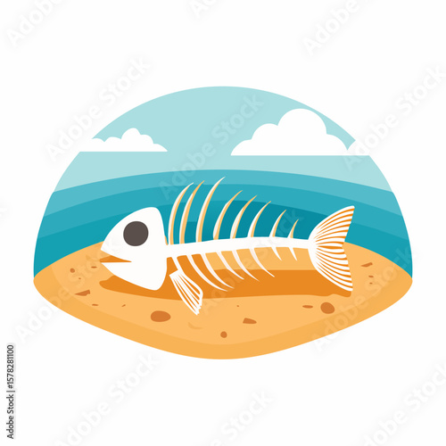 Cartoon Fish Skeleton Resting on Sandy Beach with Ocean Backdrop.