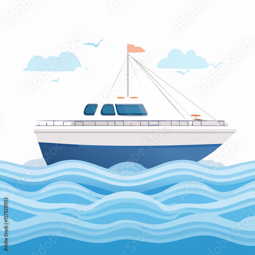 Stylized Illustration of a Fishing Boat Sailing on Wavy Ocean Waters.