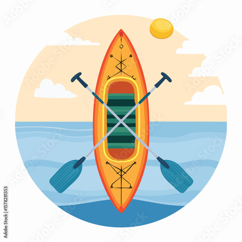 Overhead View of a Bright Orange Kayak with Crossed Paddles on Water