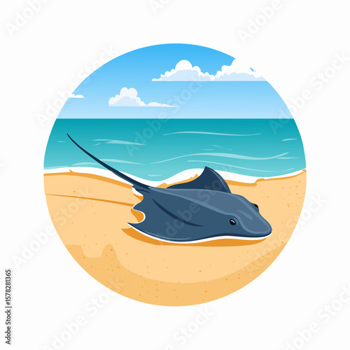 Cartoon Stingray Resting on Sandy Beach Near Ocean Waters