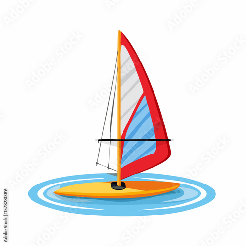 Colorful Windsurfer Sailing on Blue Water with Red Sail and Yellow Board