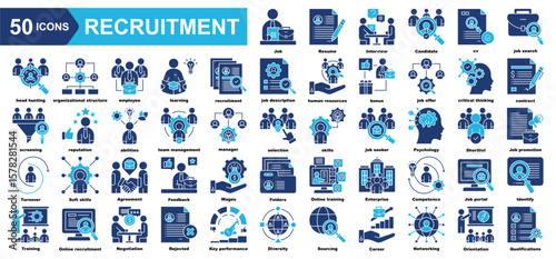 recruitment icon collection set.Job,Resume,Candidate,cv,job search,organizational structure,employee.Simple vector illustration.