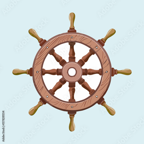 Detailed Wooden Ship's Wheel Depicting Navigation and Maritime Travel