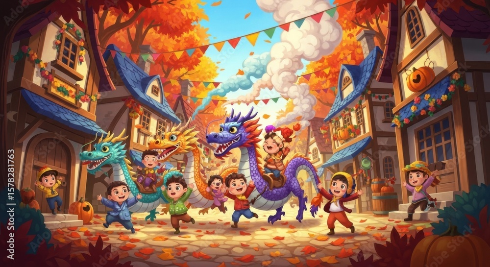 Fototapeta premium Children Enjoying a Colorful Autumn Festival with Dragons