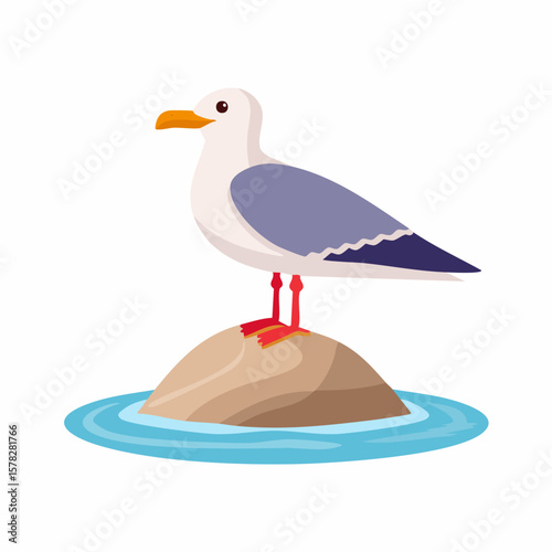 Cartoon Seagull Perched on a Rock Surrounded by Water, Simple Design