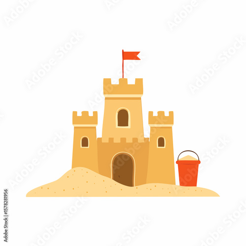 Playful Sandcastle with Red Flag and Bucket on Sandy Beach.