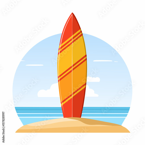 Vibrant Surfboard on Sandy Beach with Ocean and Sky Background
