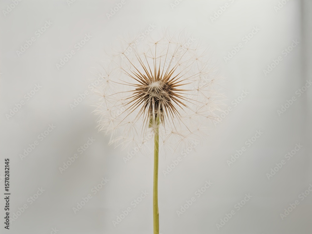 Fototapeta premium Cinematic realistic close-up of a dandelion seed head, subtly reflecting ambient light, appearing to float against a pure white wall. 