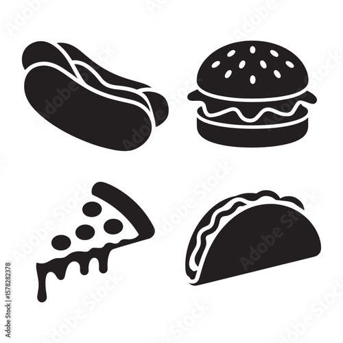 A vector cartoon illustration set of fresh food icons, including various types of bread, breakfast items, meat, cheese, desserts, and snacks like sandwiches and burgers