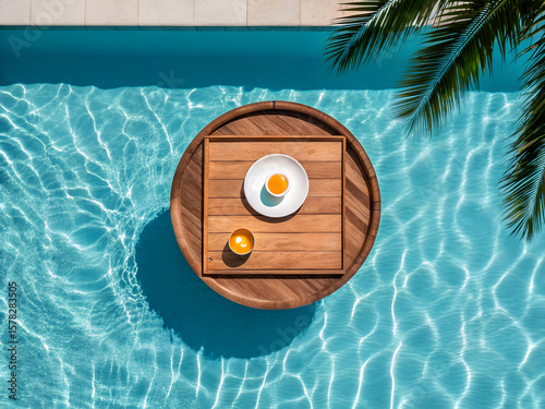 Floating wooden tray with drinks on sparkling blue swimming pool water ai generated