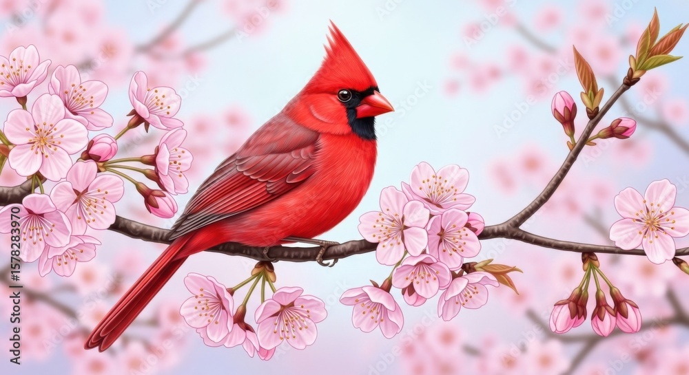 Fototapeta premium A stunning red cardinal perches on a branch adorned with delicate pink cherry blossoms signaling the arrival of spring